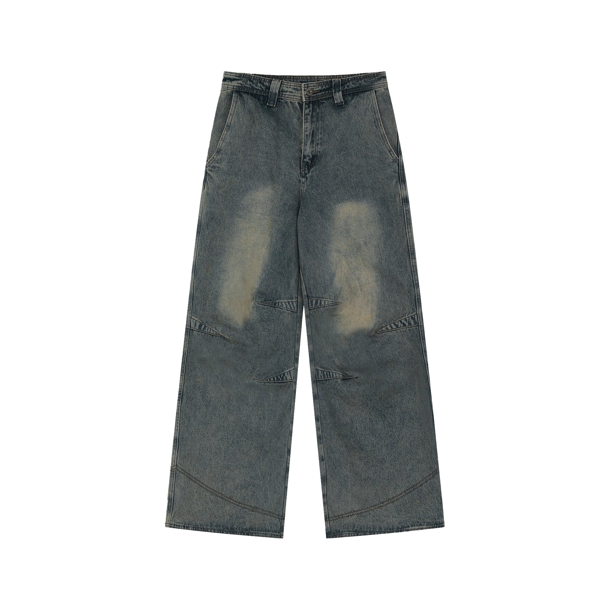 Wide-Leg Faded Distressed Jeans with Unique Seam Detailing