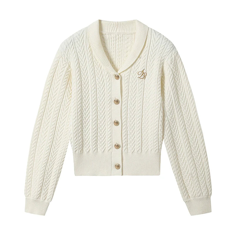 Cozy Cable Knit Cardigan: Classic V-Neck Button-Up Sweater with Embroidered Logo