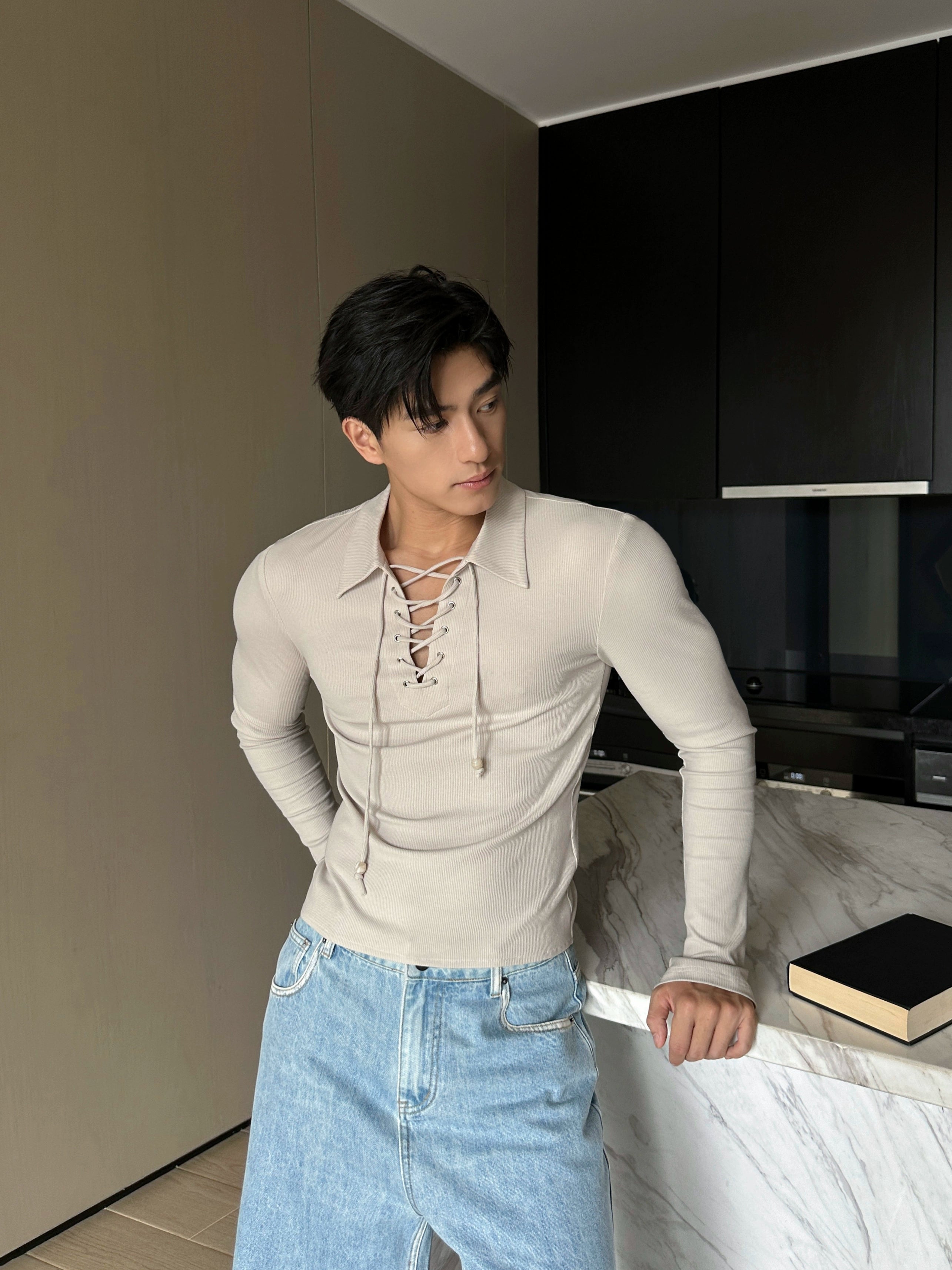 Black Lace-Up Henley Long Sleeve Shirt