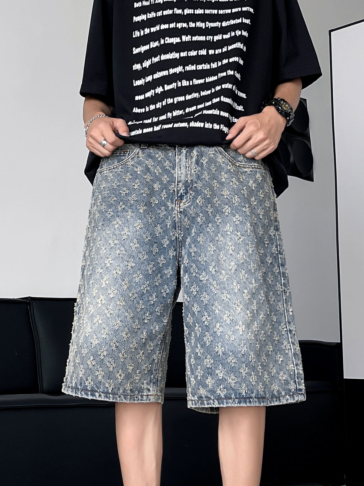 Distressed  Wash Denim Shorts with Embroidered Floral Pattern