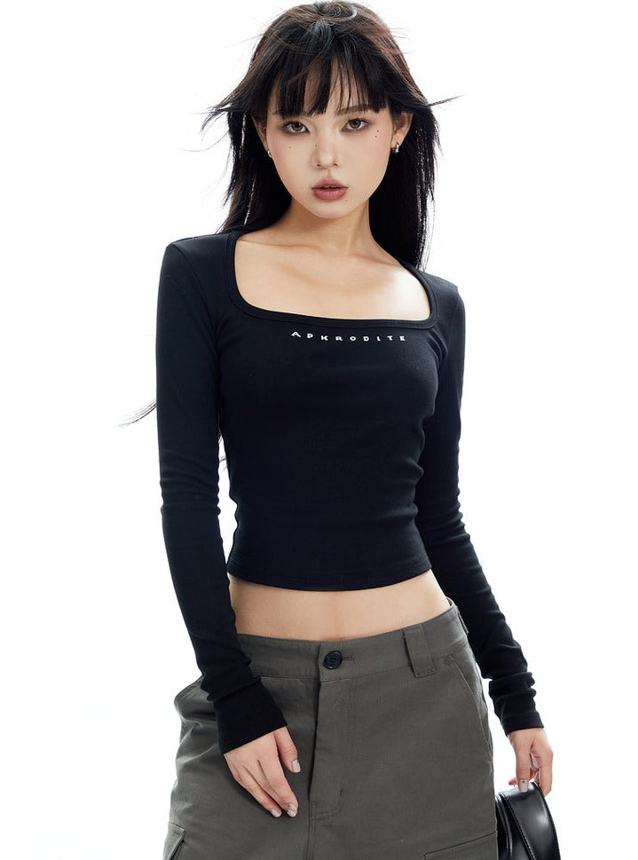 Black Square Neck Crop Top with Long Sleeves