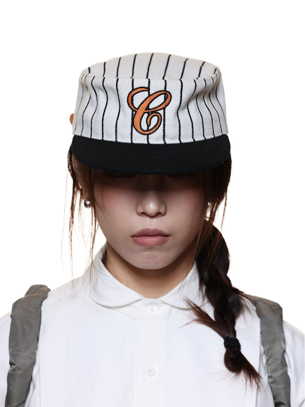 Pinstripe Wool-Blend C-Embroidered Cap - Orange Embroidery - Worn front - view 3