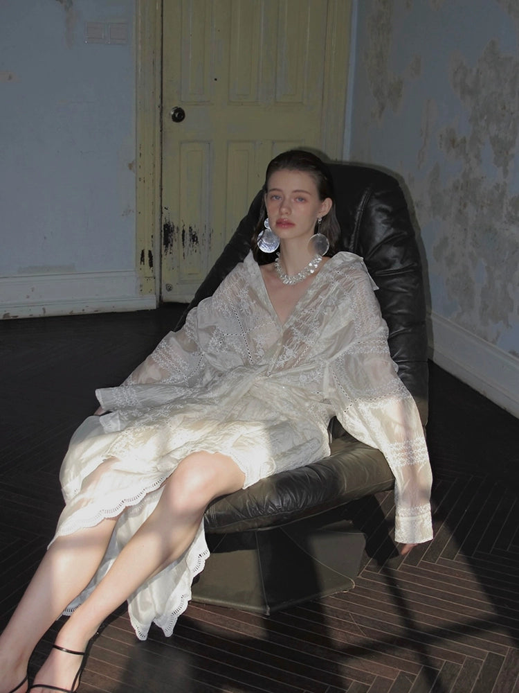 Sheer Lace Embroidered Shirt Dress