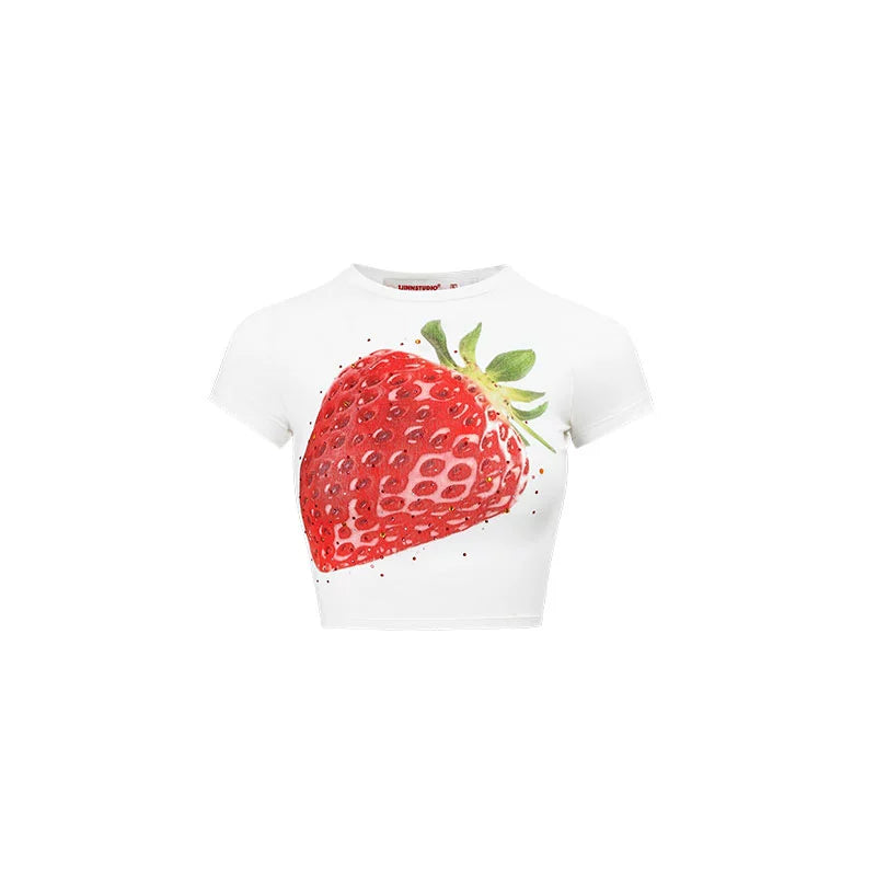 Fruit Rhinestone-Embellished Stretchy Printed T-Shirt - chiclara