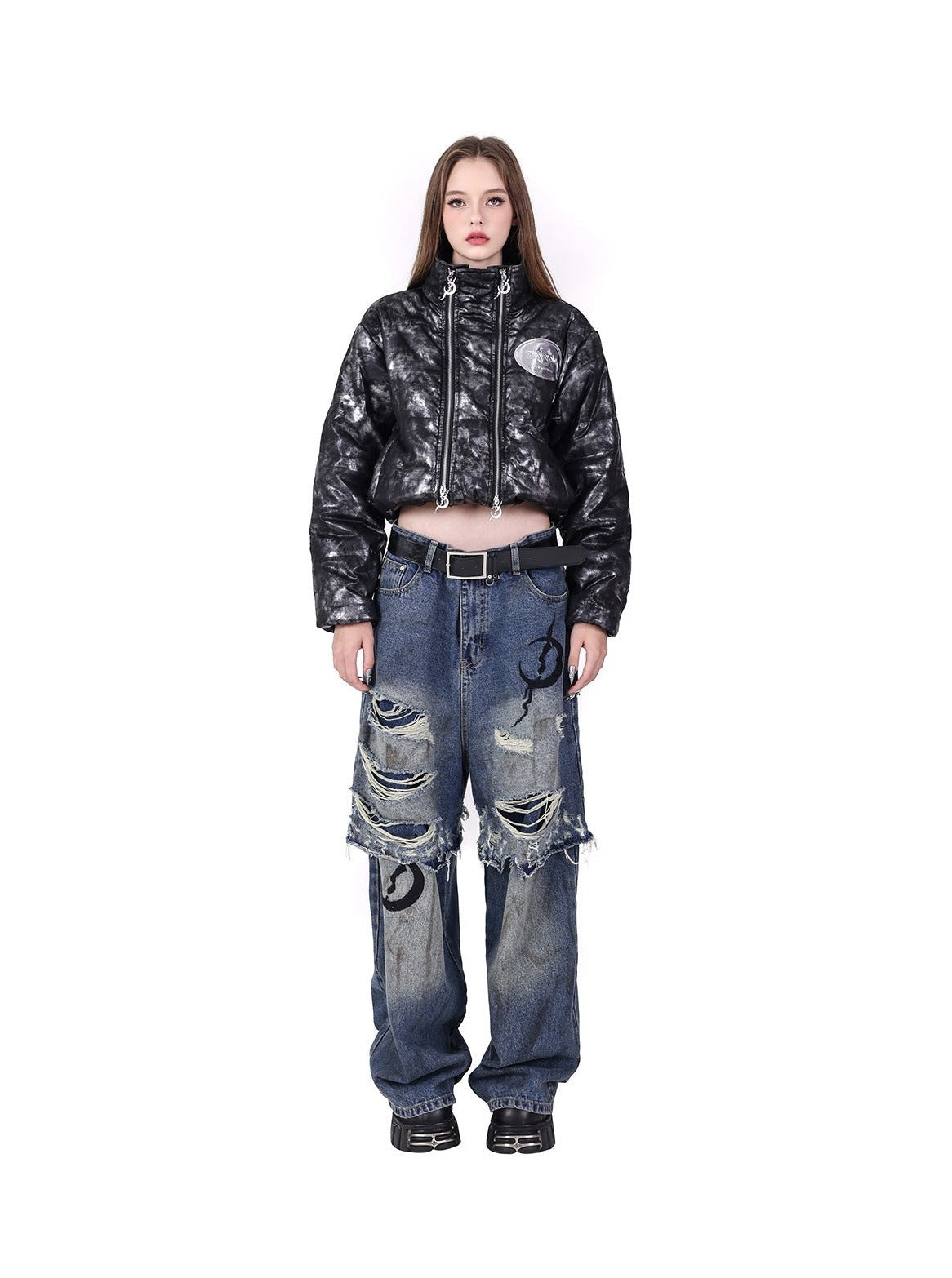 PINKSPINK Grunge Moon Layered Denim Jeans - Distressed Blue