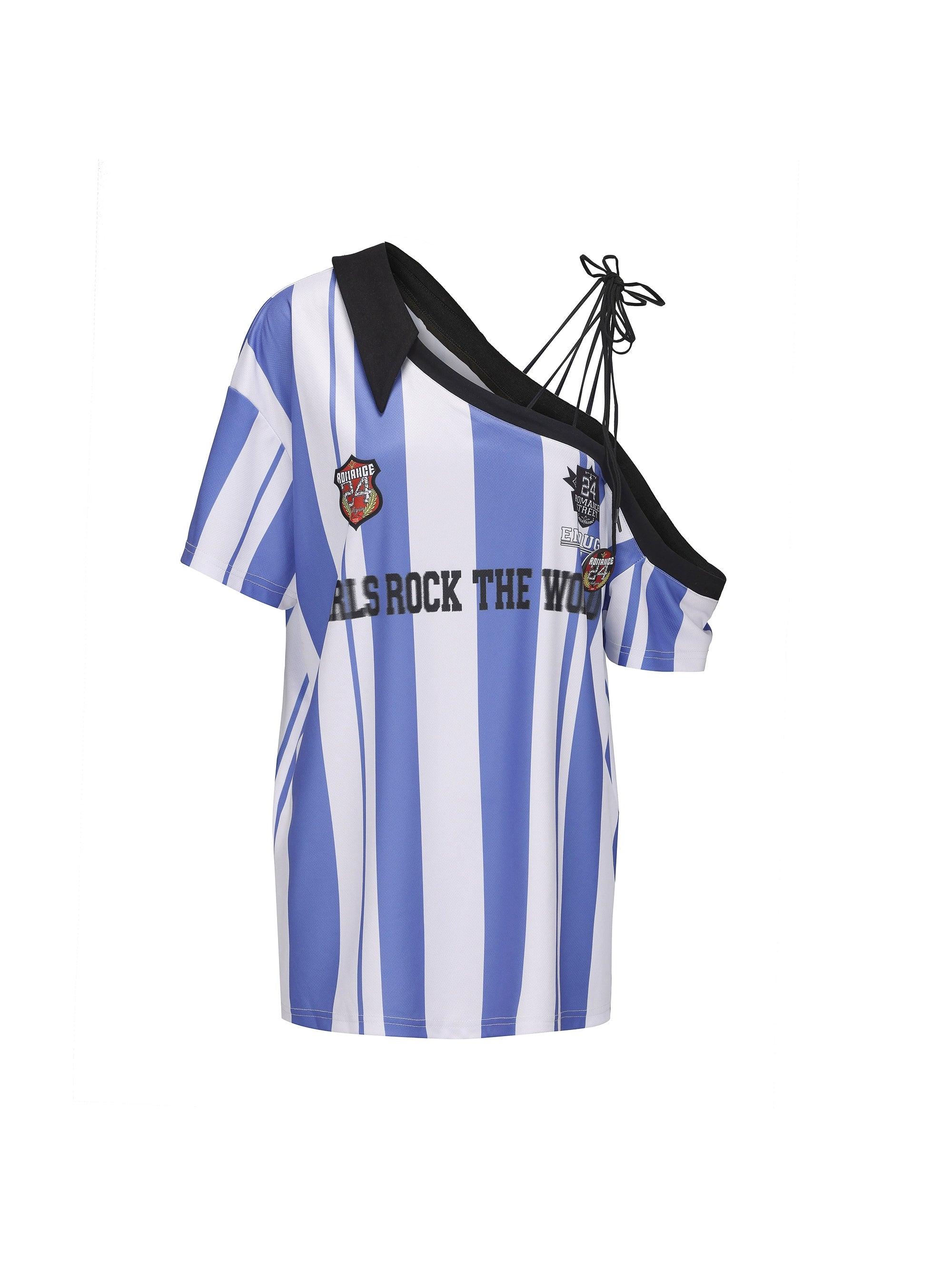 24Ans Striped Off-Shoulder Soccer Jersey - Unisex Asymmetric One-Sleeve Sports Top