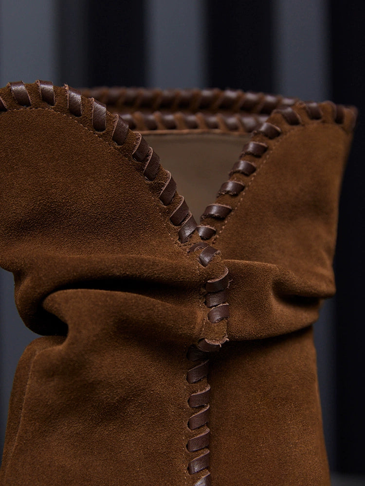 Brown Suede Slouchy Pointed-Toe Boots with Whipstitch Trim