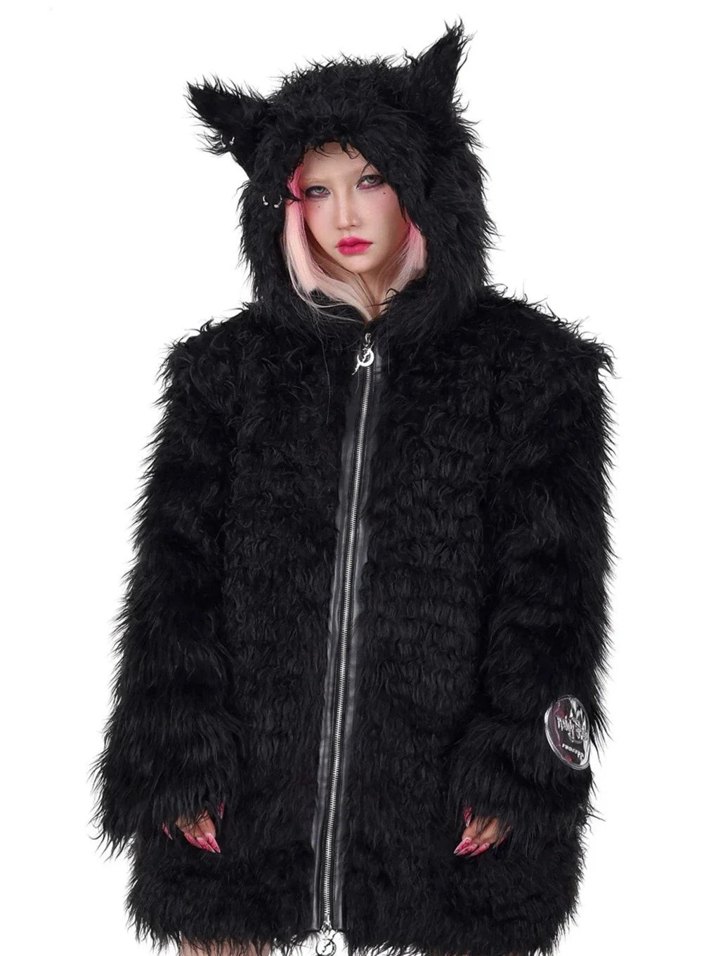 PINKSPINK Furry Cat-Ear Hooded Jacket - Black