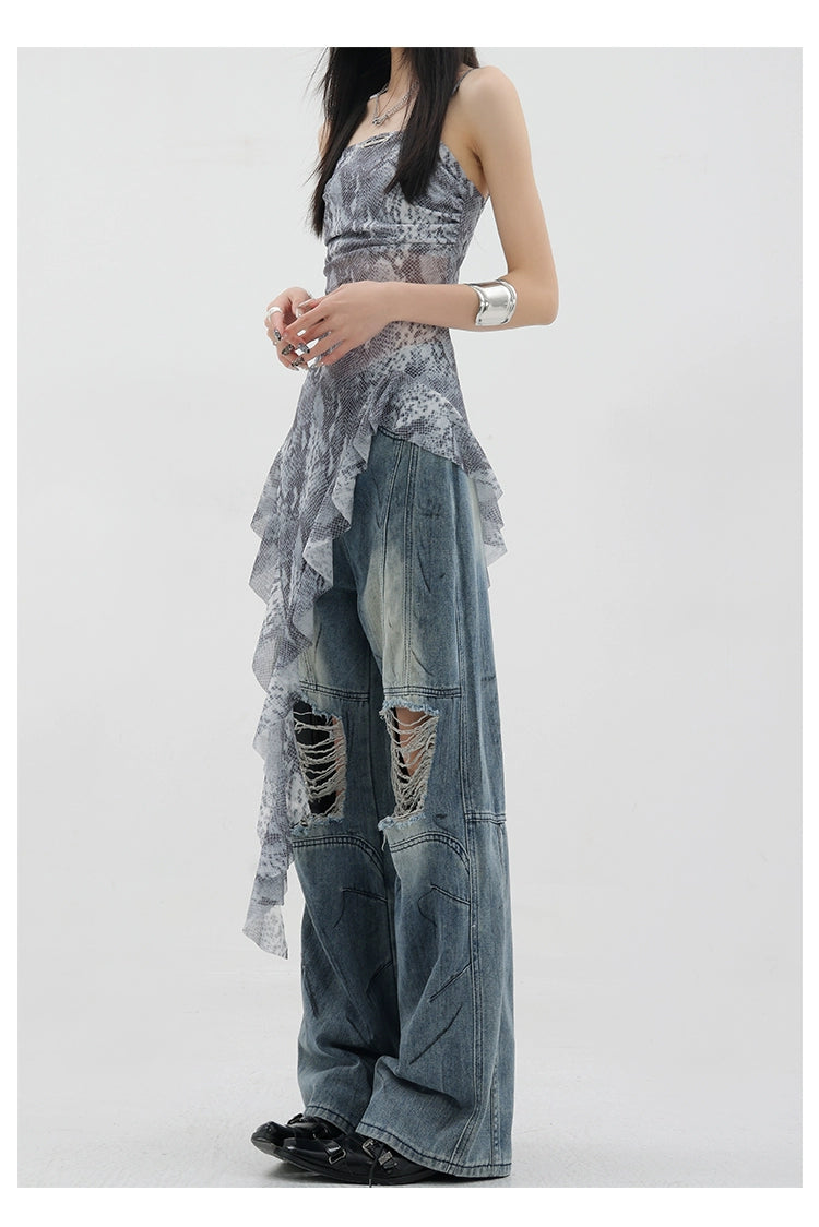 Vintage Distressed And Dirt-Dyed Patchwork Wide-Leg Jeans - chiclara