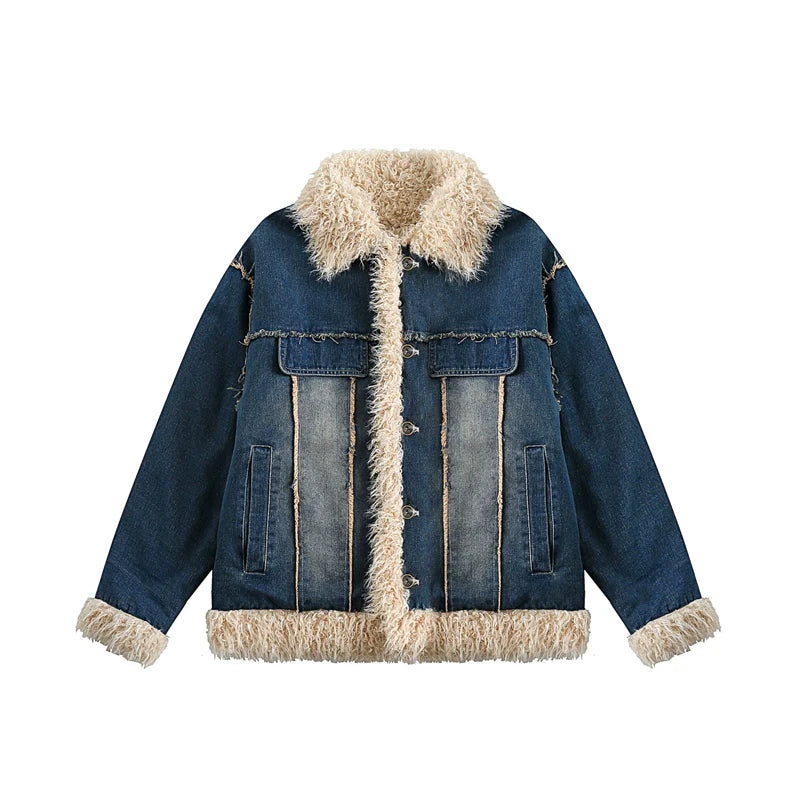 Sherpa-Lined Distressed Denim Ranch Jacket