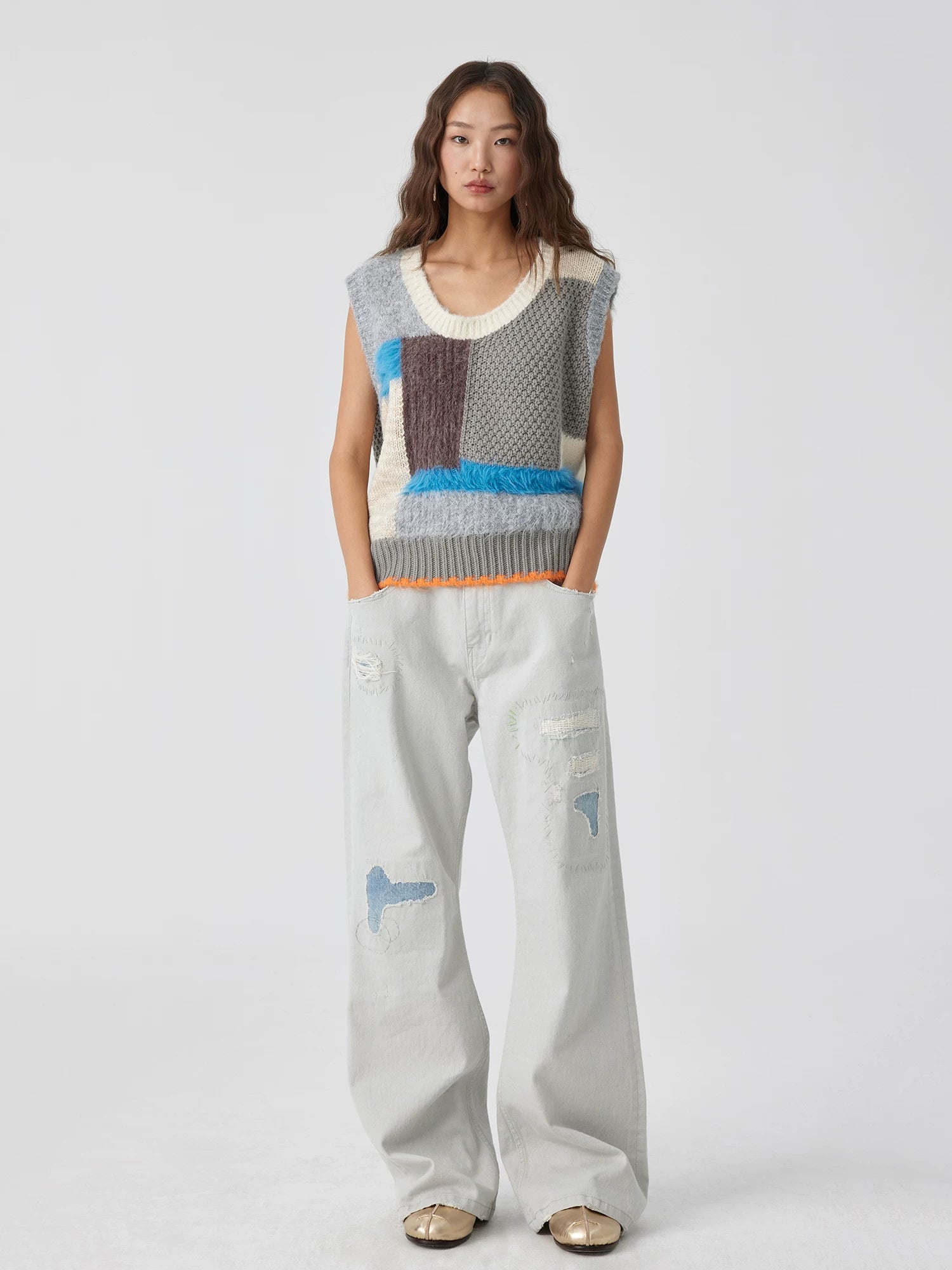 Patchwork Distressed Wide-Leg Jeans