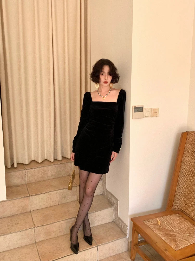Black Velvet Square Neck Mini Dress