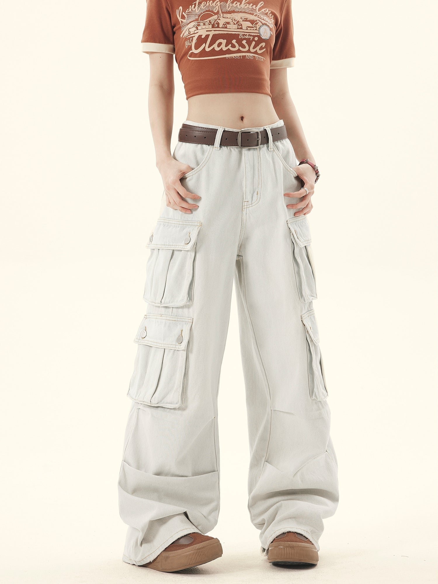 Light-Washed Denim Wide-leg Cargo Pants