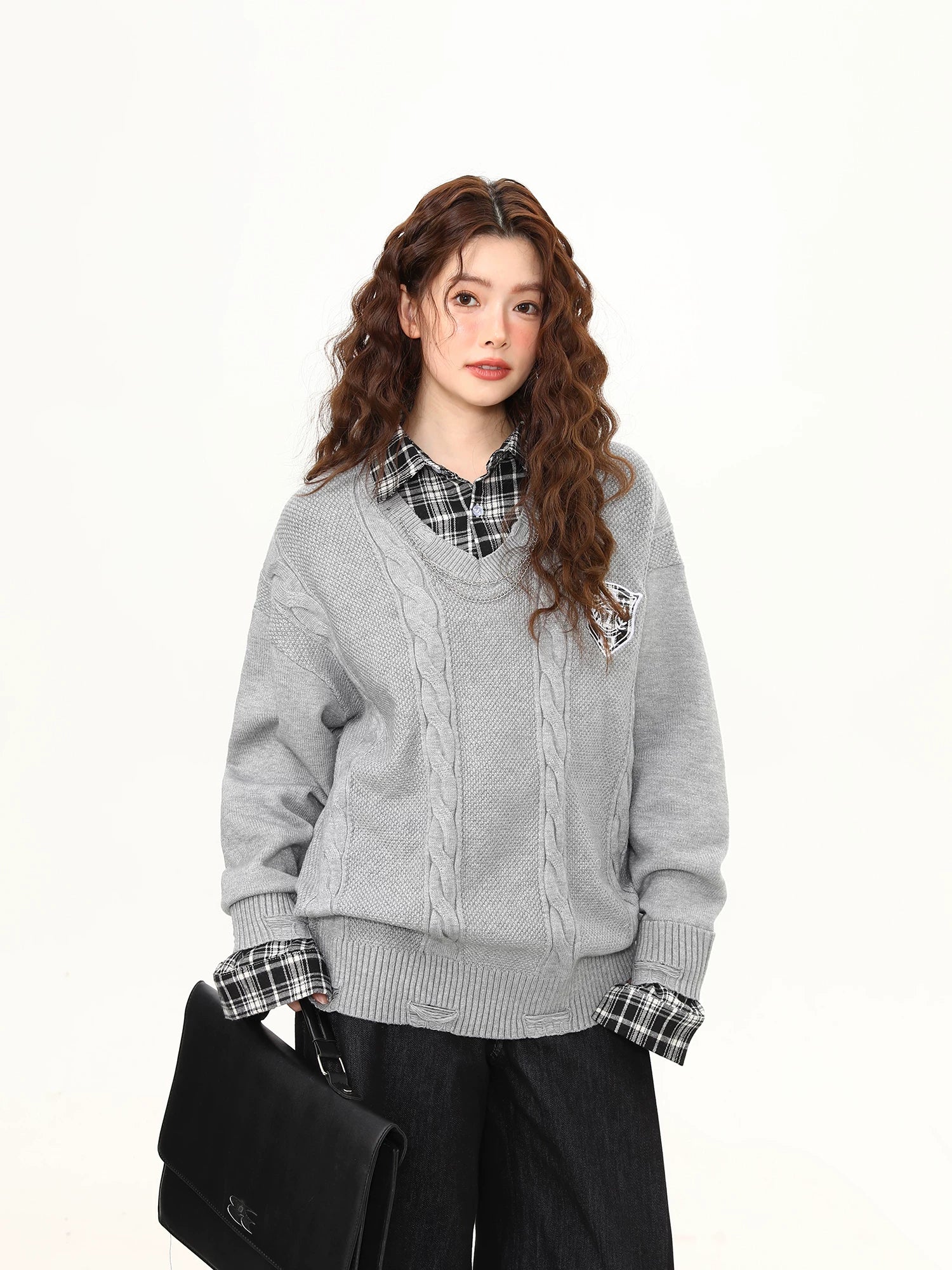 Slate Campus Cable Knit V-Neck Sweater