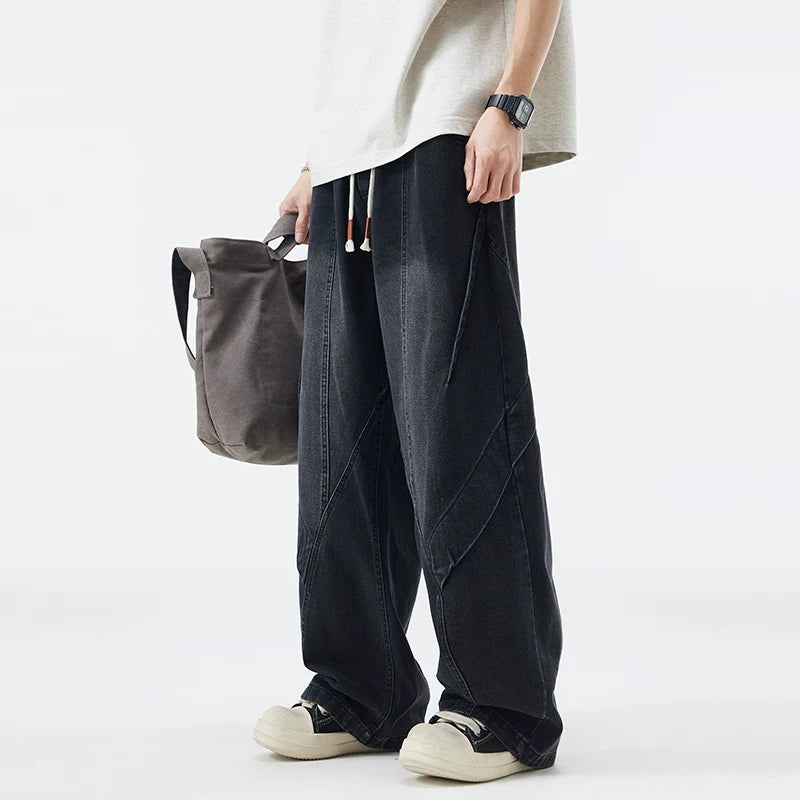 Paneled Drawstring Wide-Leg Jeans