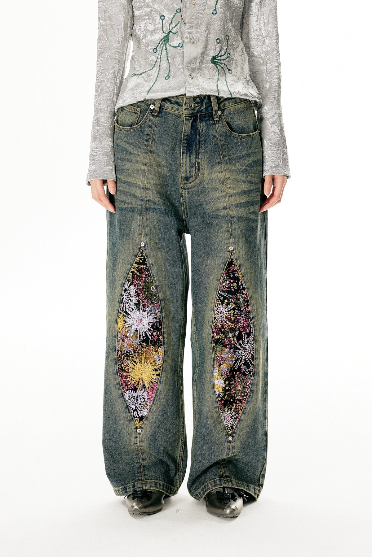 Vintage Firework Distressed Jeans With Relaxed Straight Fit - chiclara