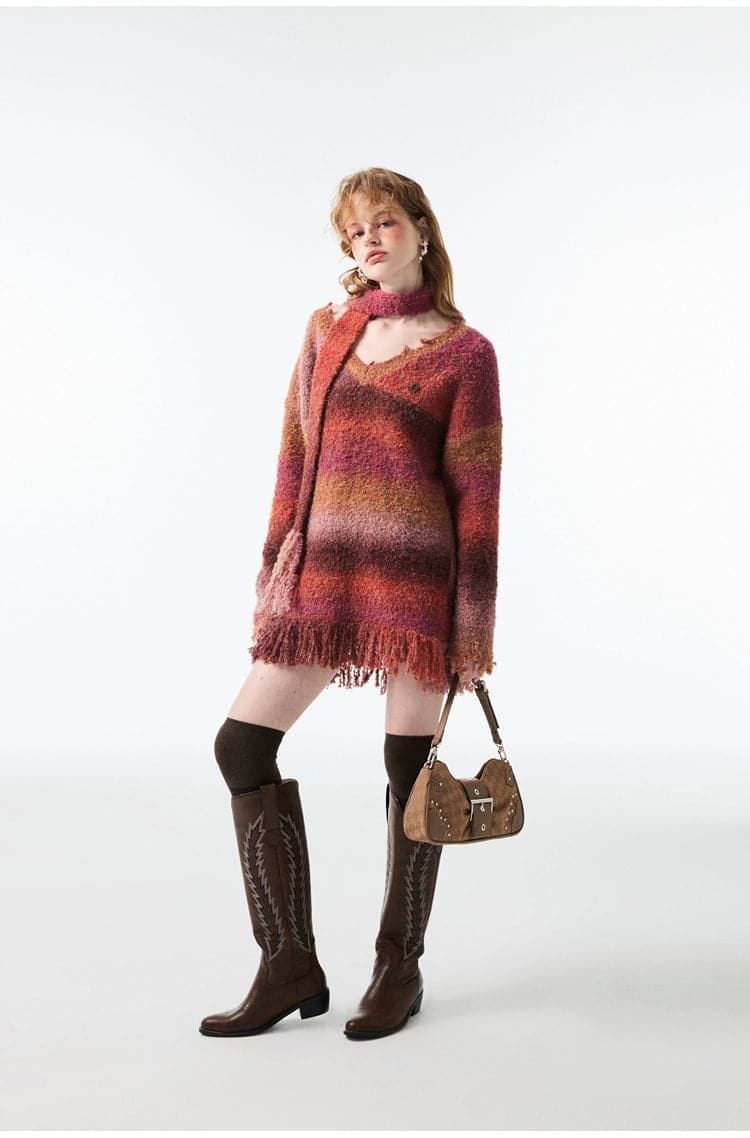 Color Block Oversized V-Neck Sweater With Attached Scarf - chiclara