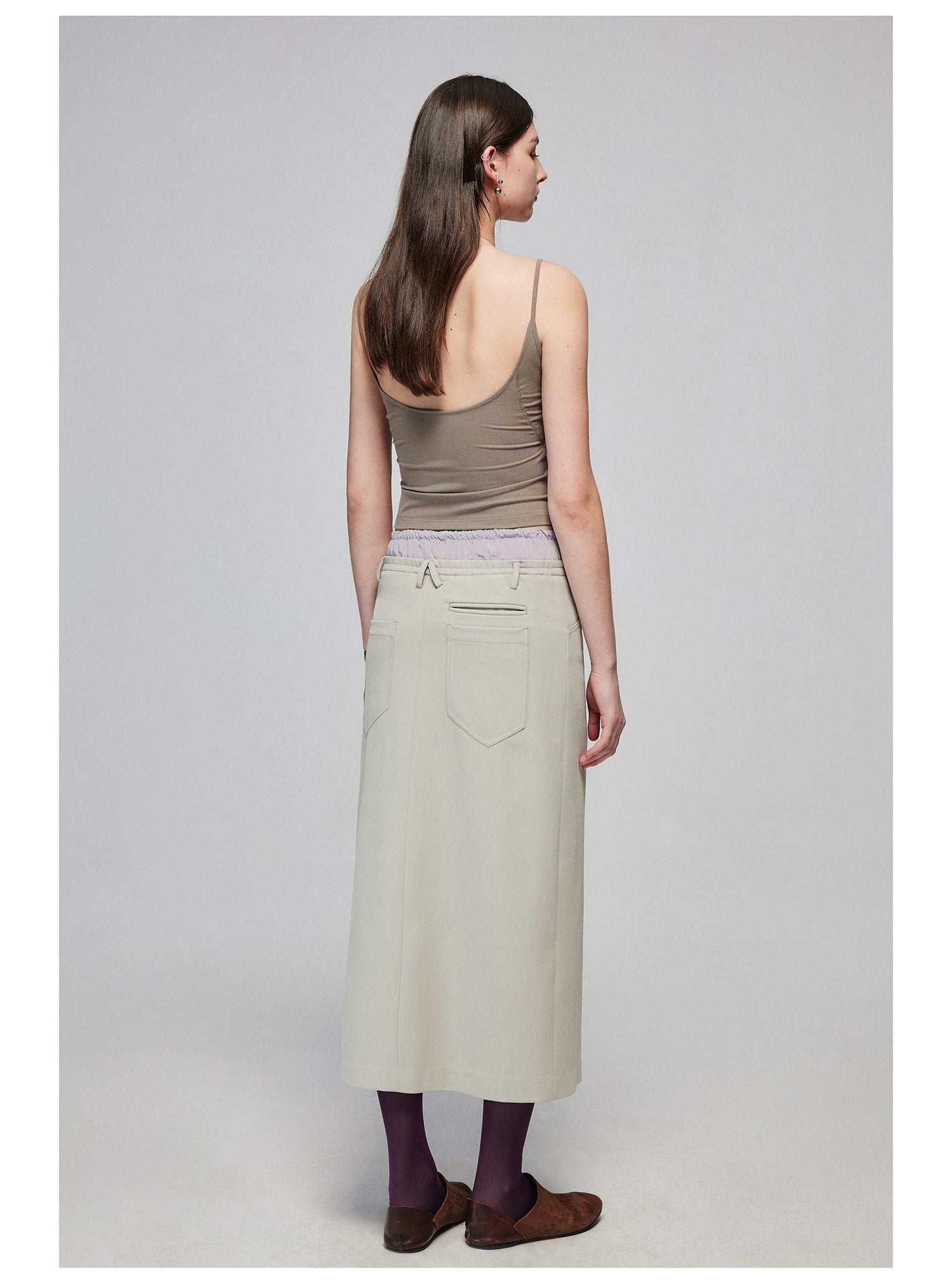 Layered Waist Front-Slit Midi Skirt