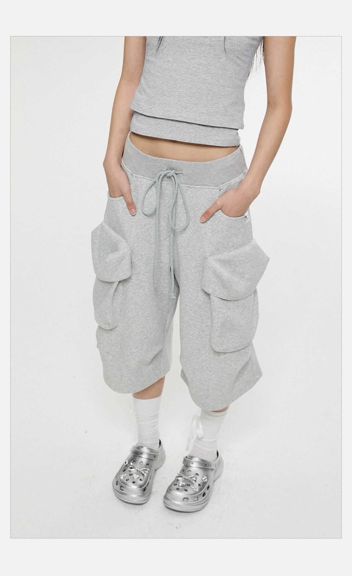 Loose Fit Drawstring Cargo Bermuda Length Shorts
