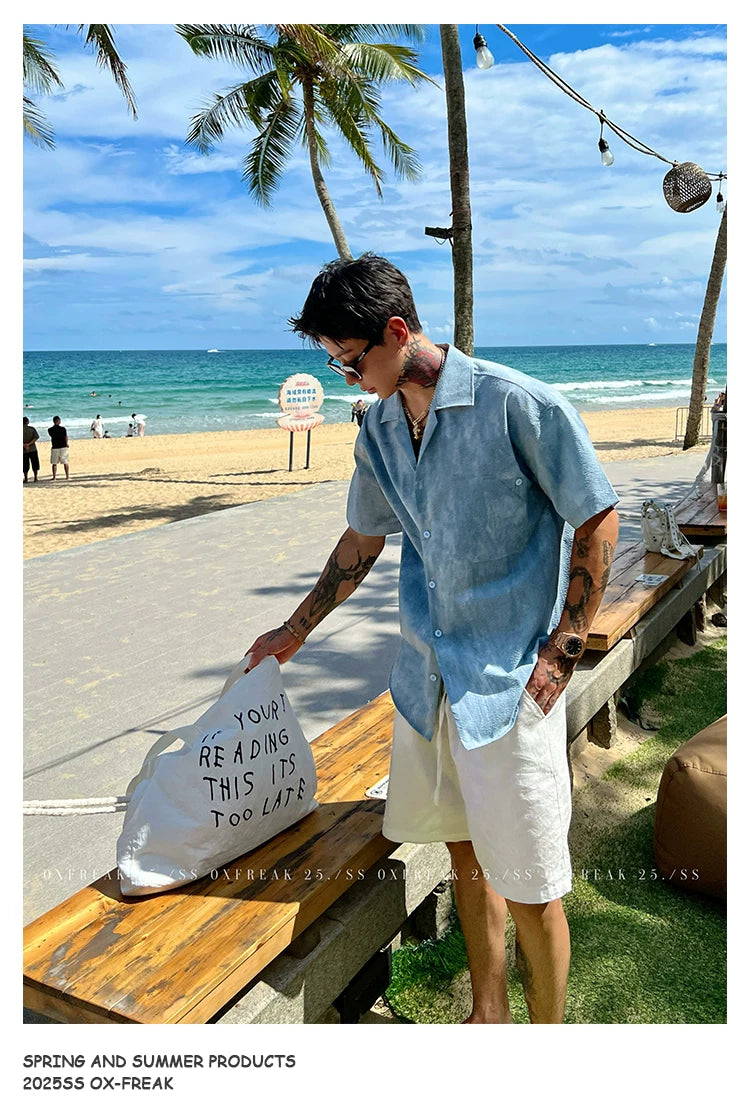 Seersucker Cuban Collar Short-Sleeve Shirt