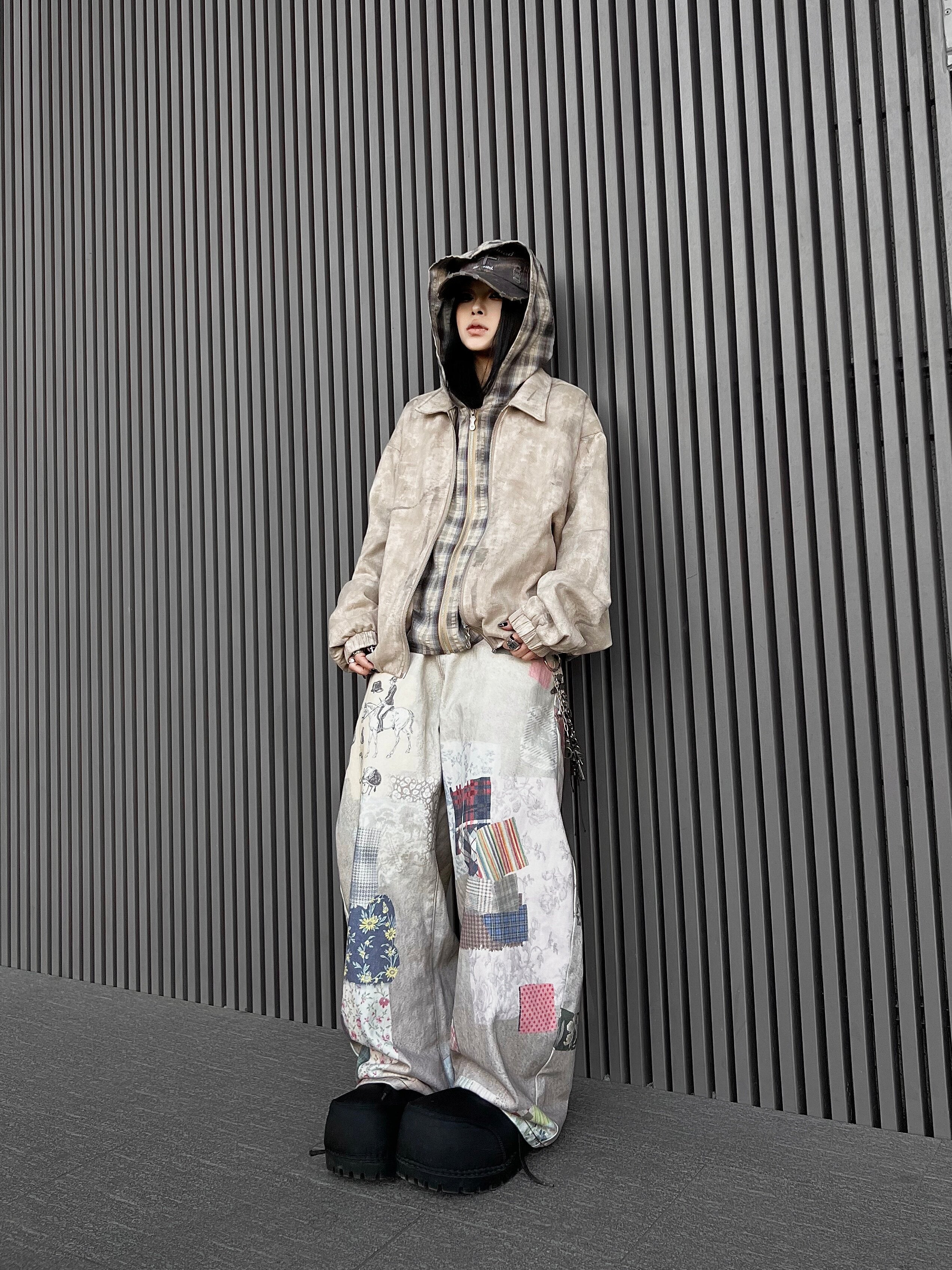 Men's 3D Digital-Print Mixed-Fabric Wide-Leg Jeans