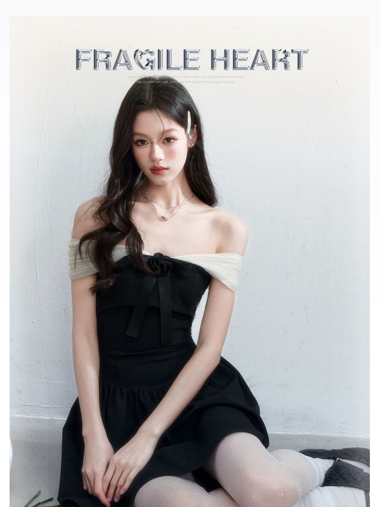 Contrast Off-Shoulder Bow Mini Dress - seated portrait view
