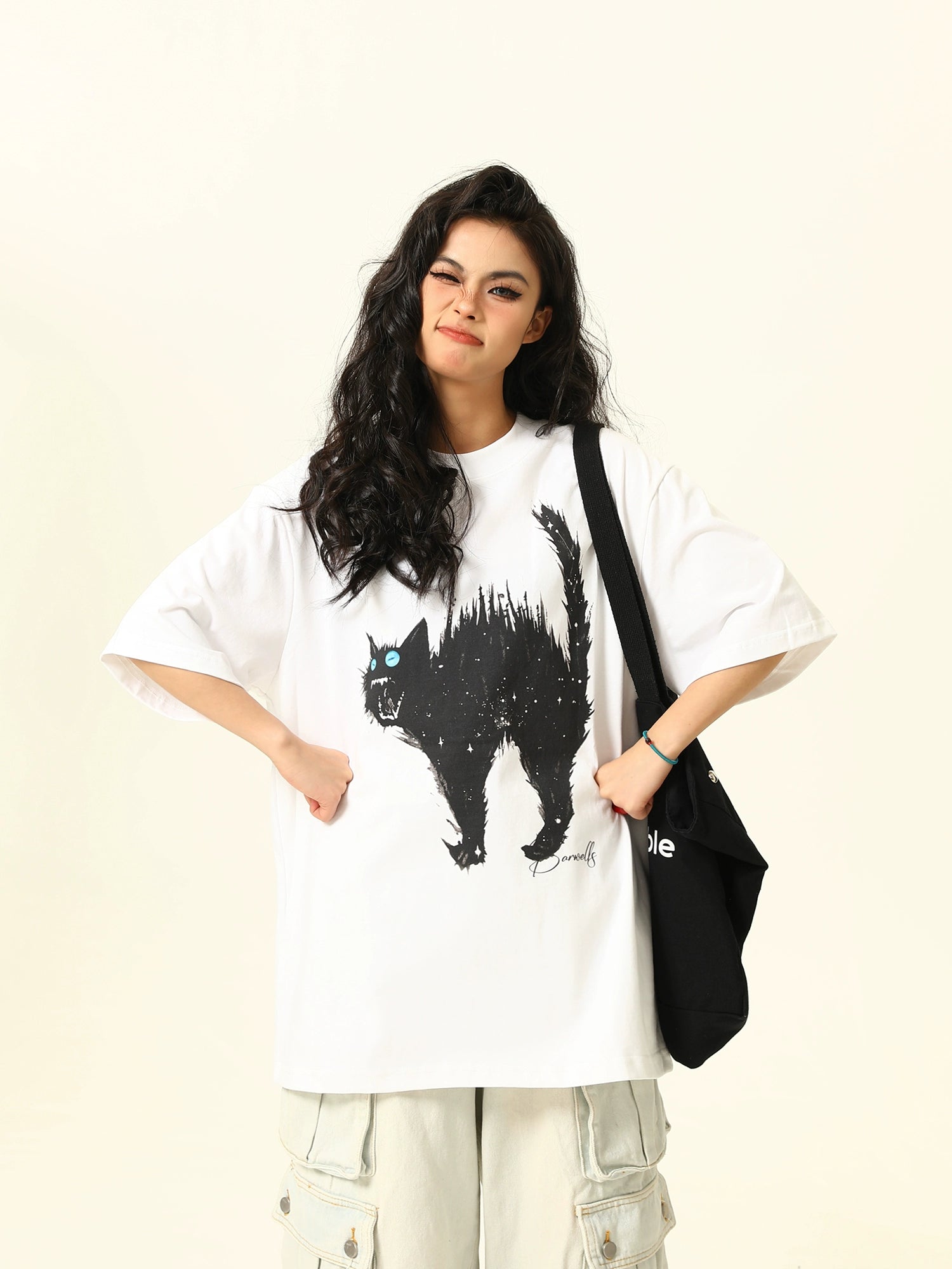 Oversized Tee with Cat Graphic