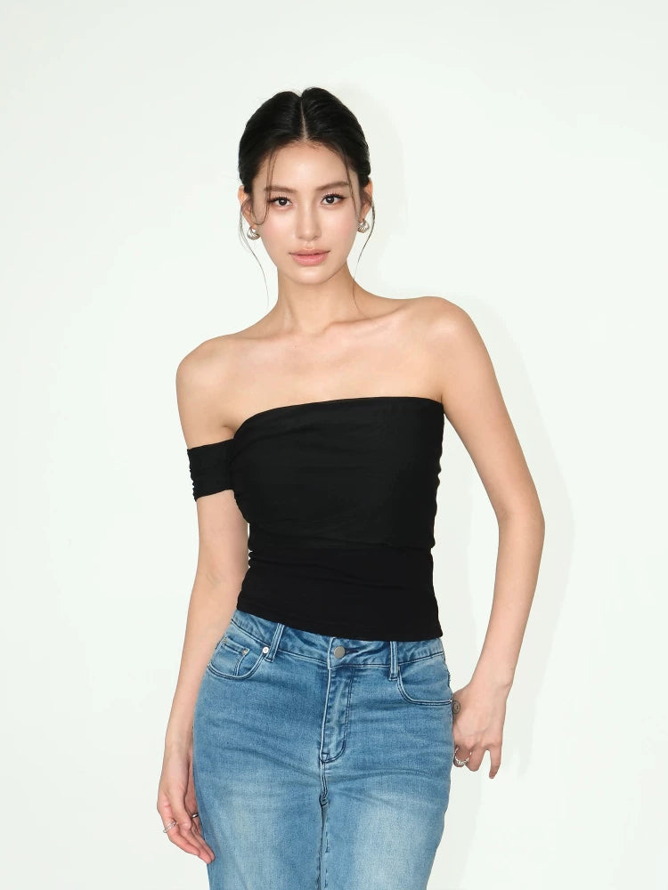 Asymmetric Off Shoulder Ruched Tube Top