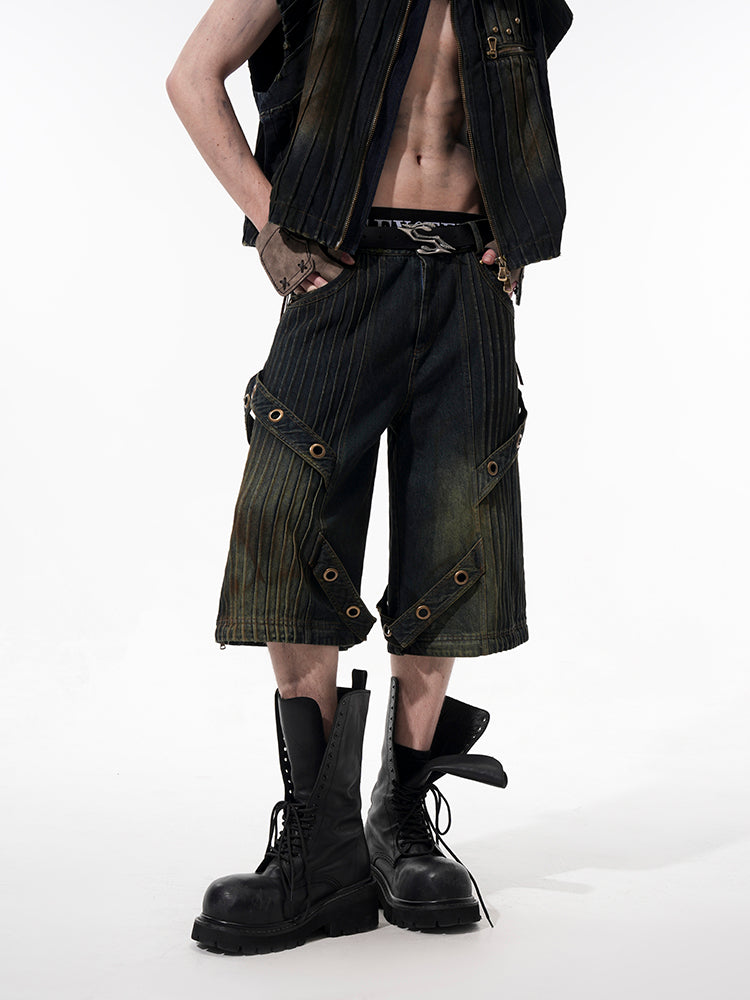 Standing-Neck Industrial Denim Jacket and Denim Pants Setup
