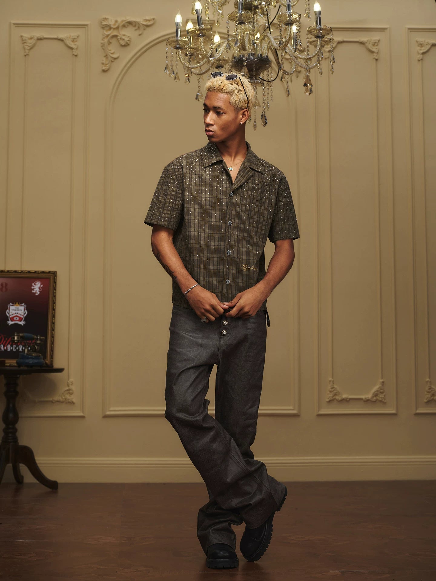 Embellished Plaid Camp Collar Shirt