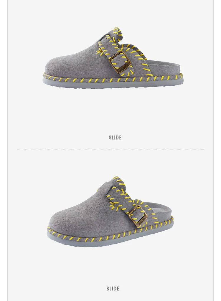 Whipstitch Buckle Suede Mule Clogs