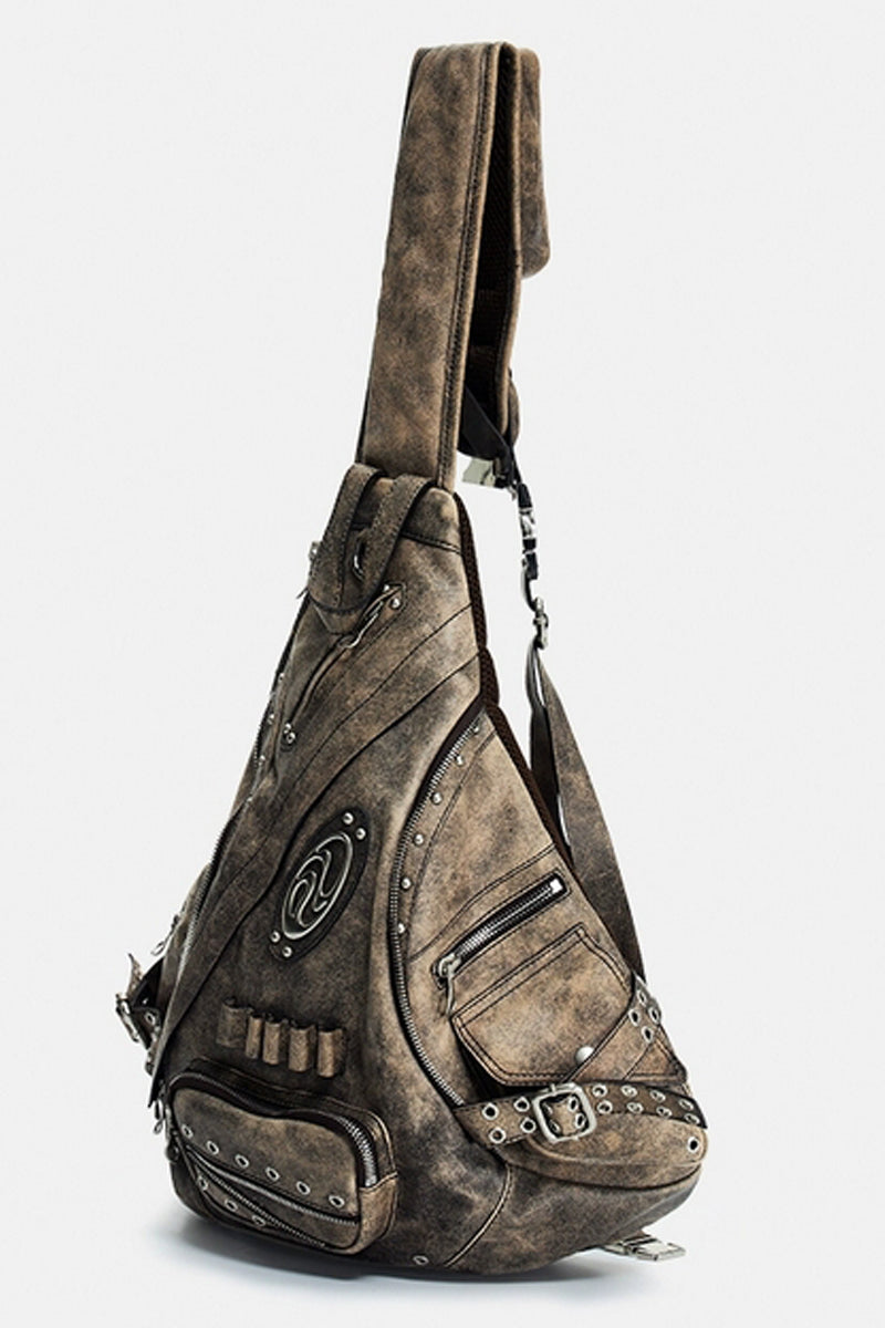 Distressed Triangle Backpack with Grommets and Zippers