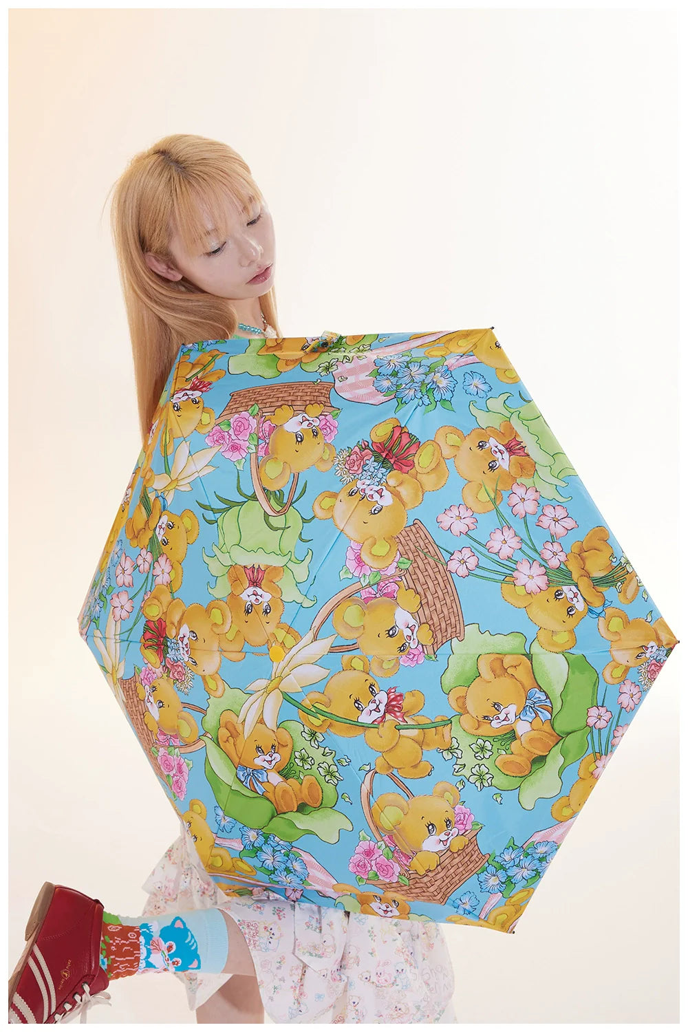 Teddy Bear Floral Print Sun Umbrella