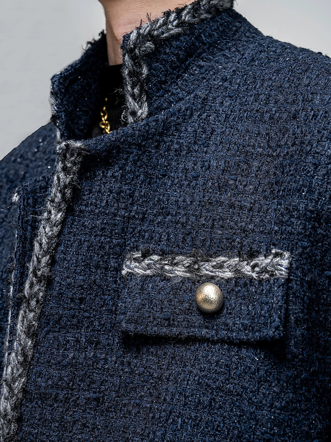 Navy Blue Tweed Cropped Jacket with Frayed Trim
