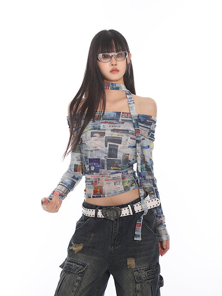 Newspaper Print Off-Shoulder Fitted Crop Top - chiclara