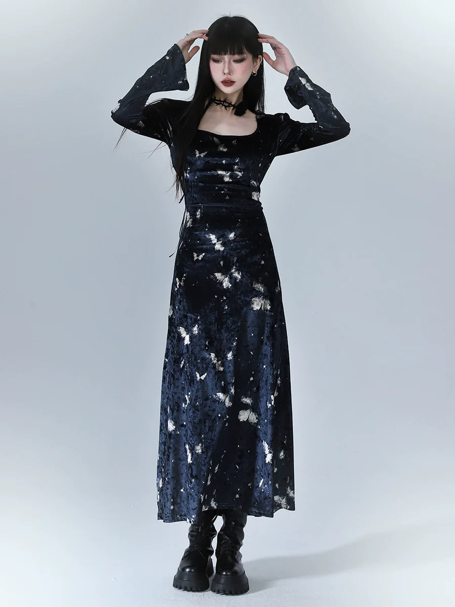 Gothic Butterfly Print Maxi Dress