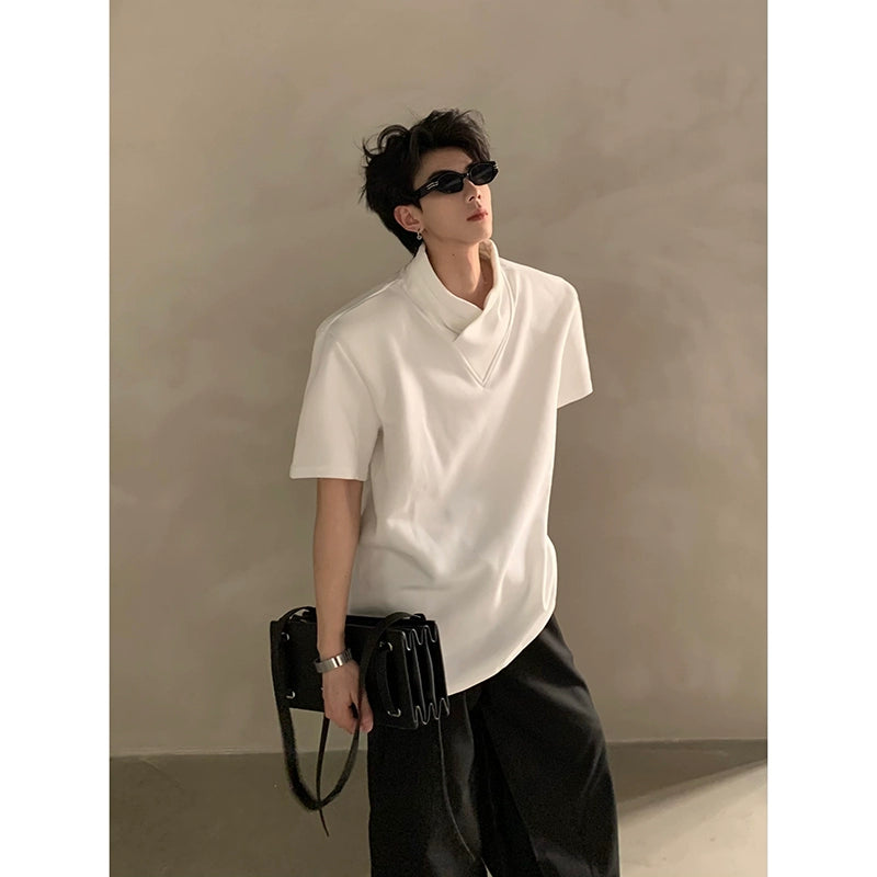 Minimalist Short Sleeve Shirt with Overlapping High Collar