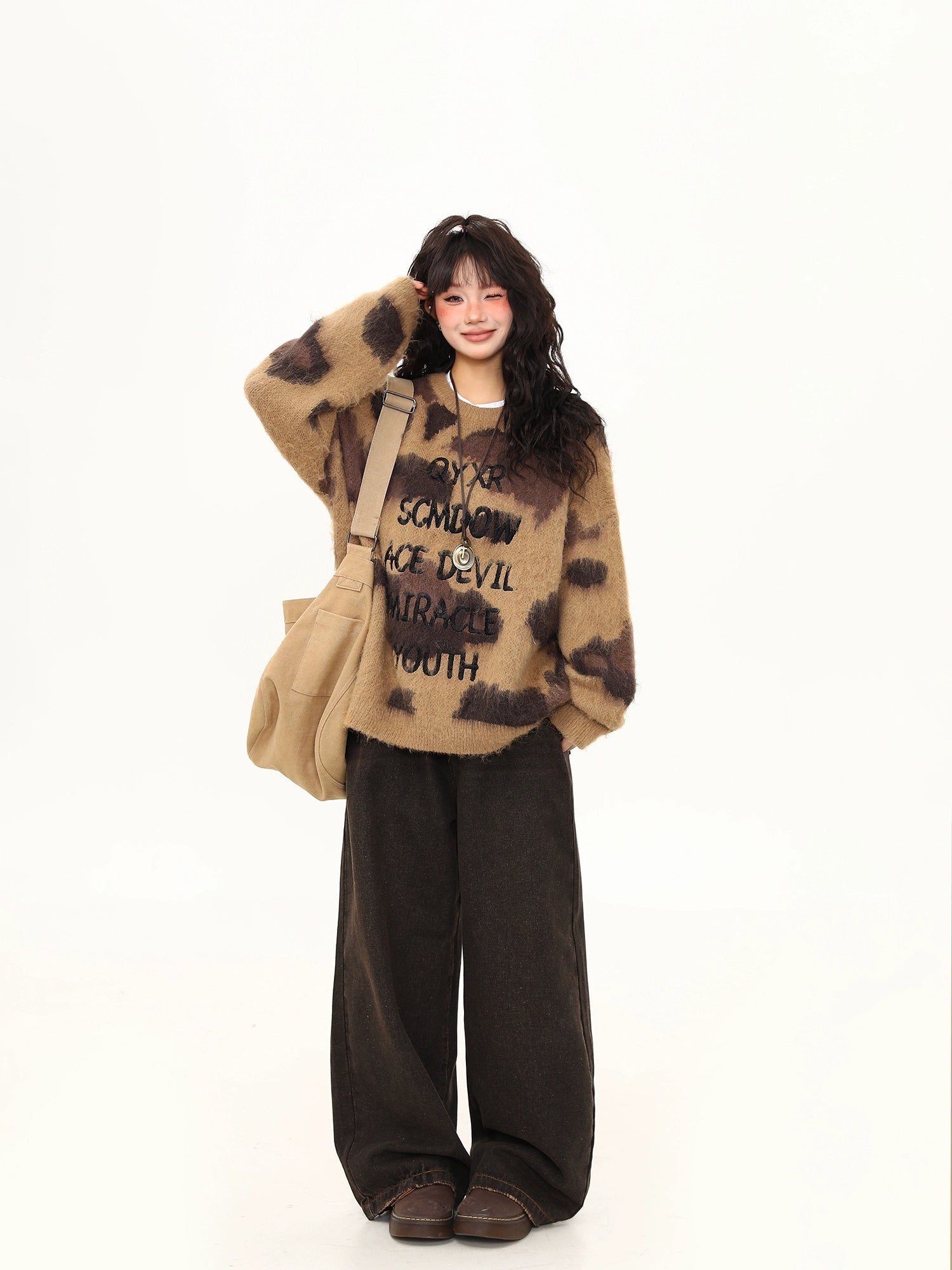 Mocha Mirage Fuzzy Graphic Sweater