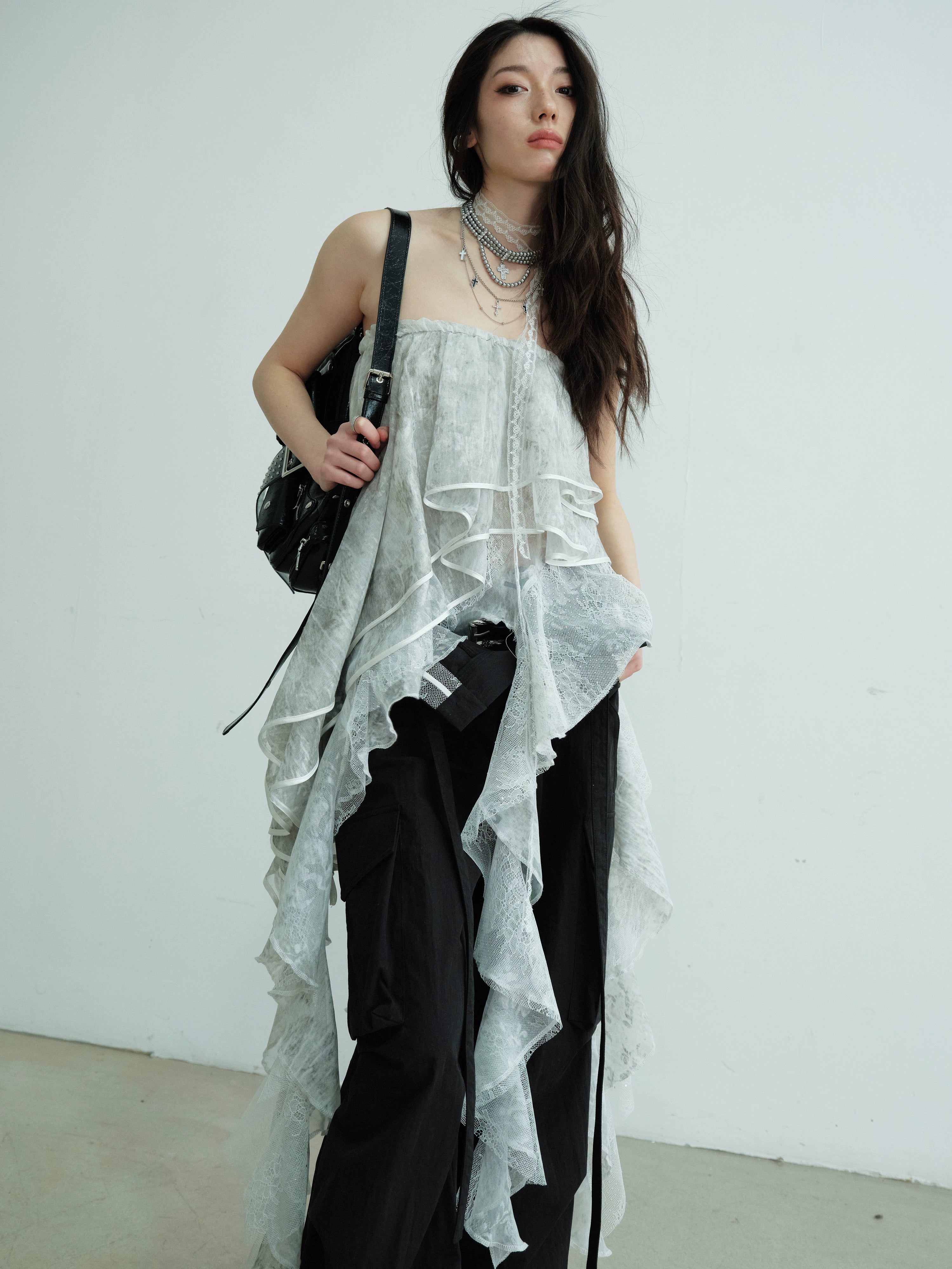 Lace Irregular Ruffle Edge Tube Top Skirt