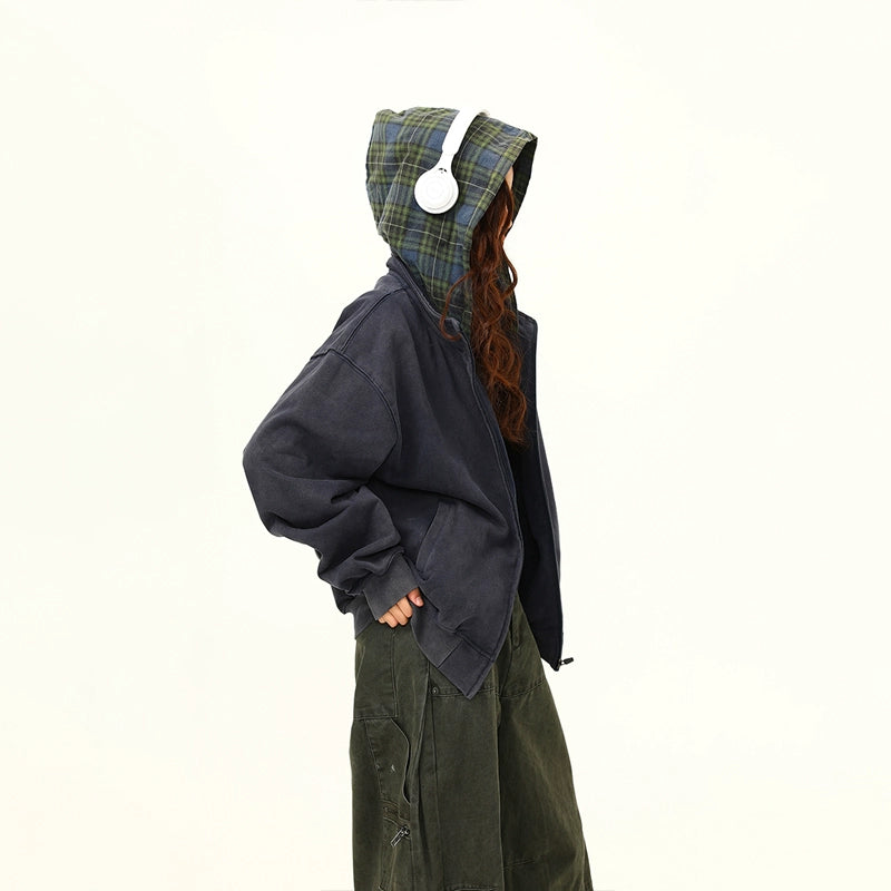 Plaid Hooded Oversized Zip Jacket