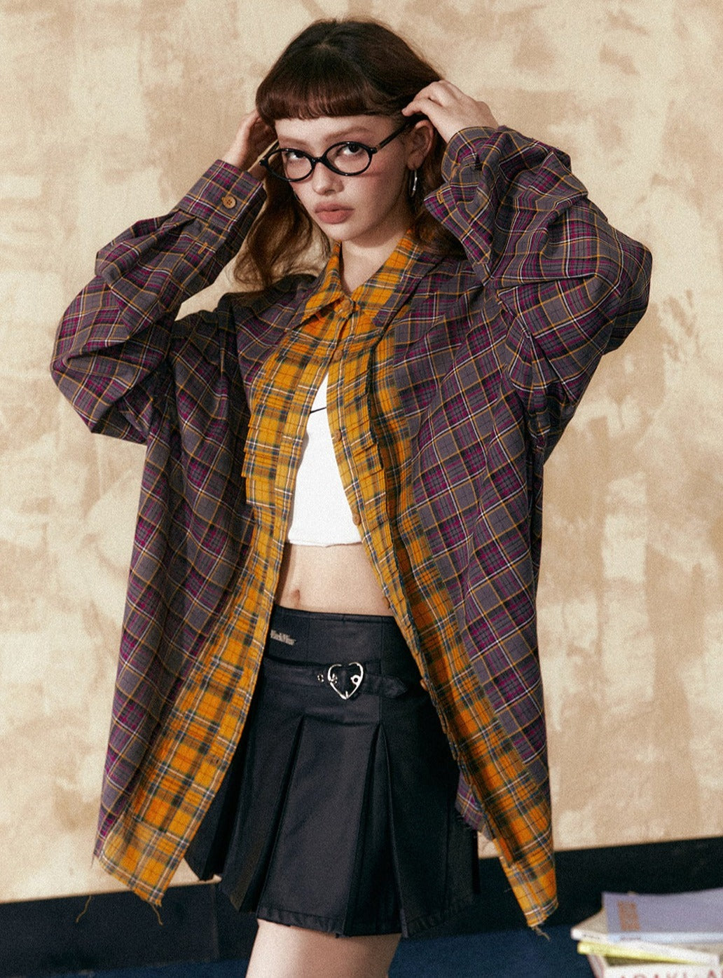 Two-Color Wide Checkered Shirt - chiclara