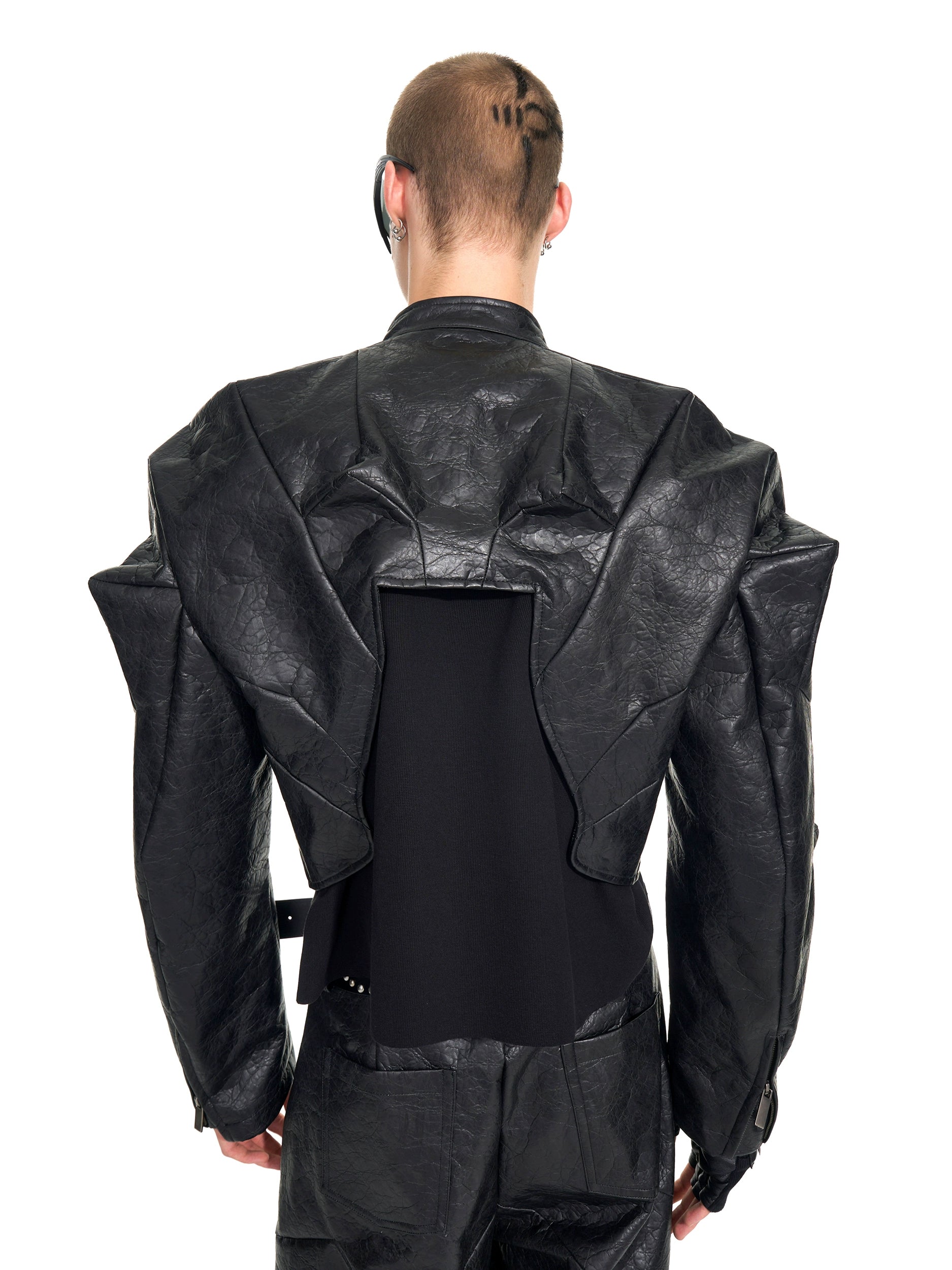 Black Geometric-Patterned Faux Leather Zip-Up Jacket and Pants Set