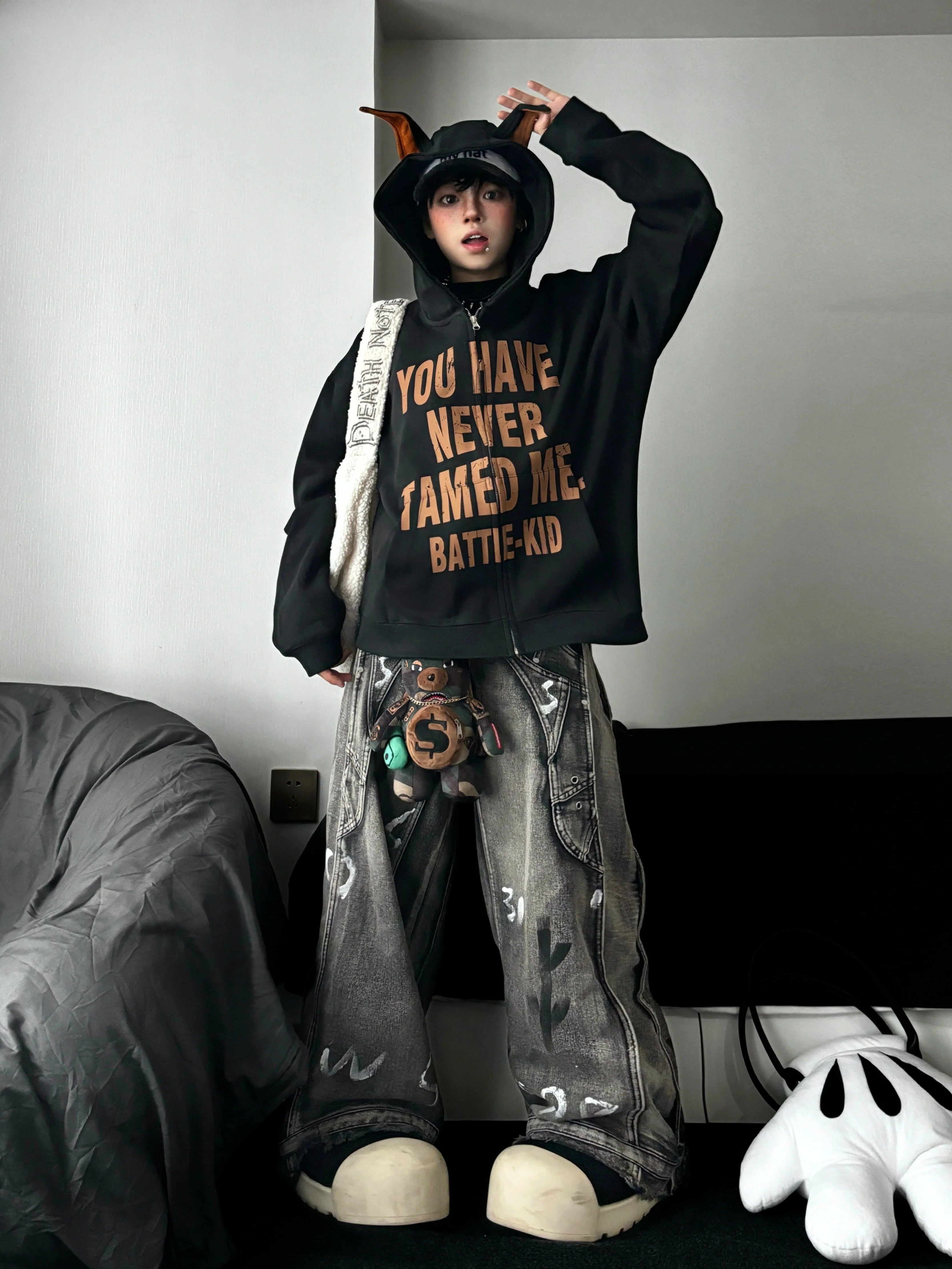 Faded Graffiti Drag-Hem Wide-Leg Jeans