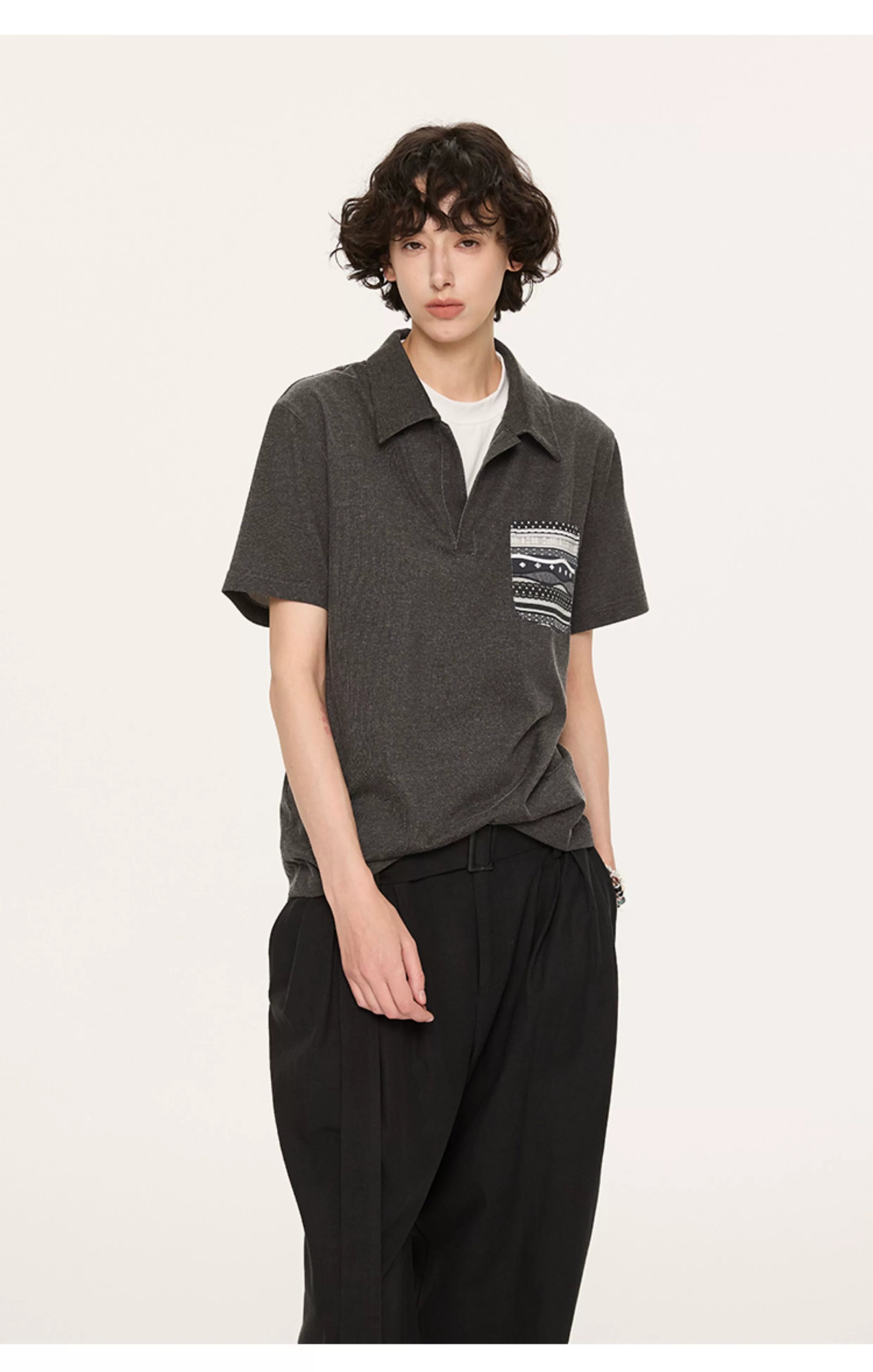 Charcoal Polo Shirt with Patterned Chest Pocket