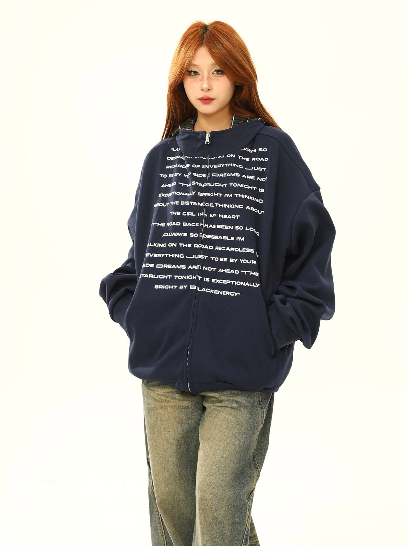 Oversized Text Print Zip-Up Sweatshirt