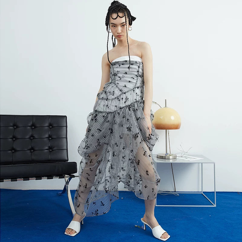 Monochrome Floral Smocked Mesh Dress