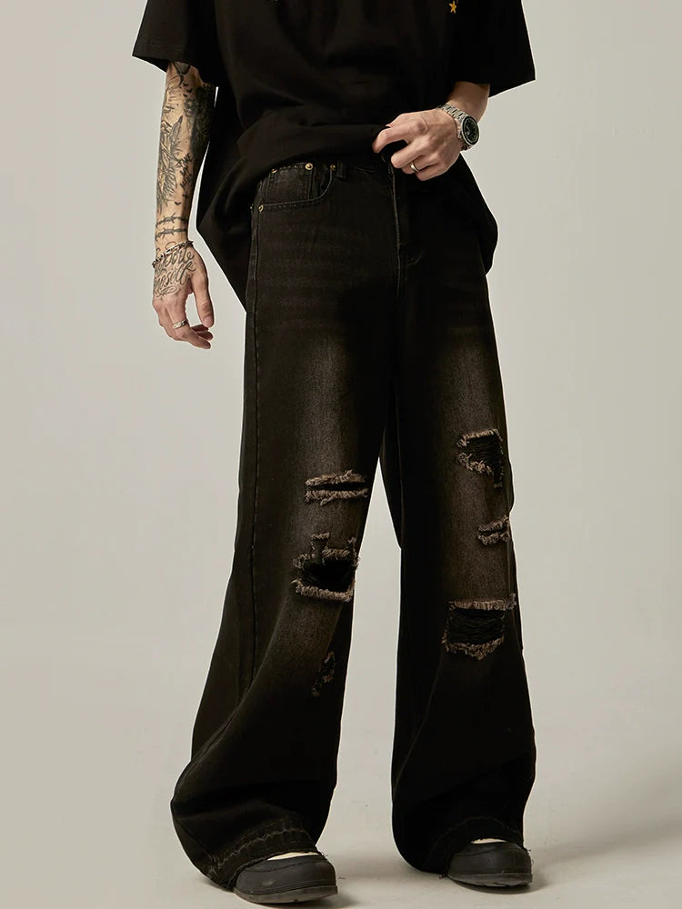 Distressed Wide-Leg Charcoal Denim Jeans