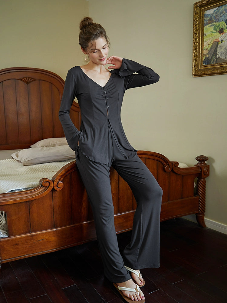 Charcoal Grey Button-Up Long Sleeve Wide Leg Jumpsuit