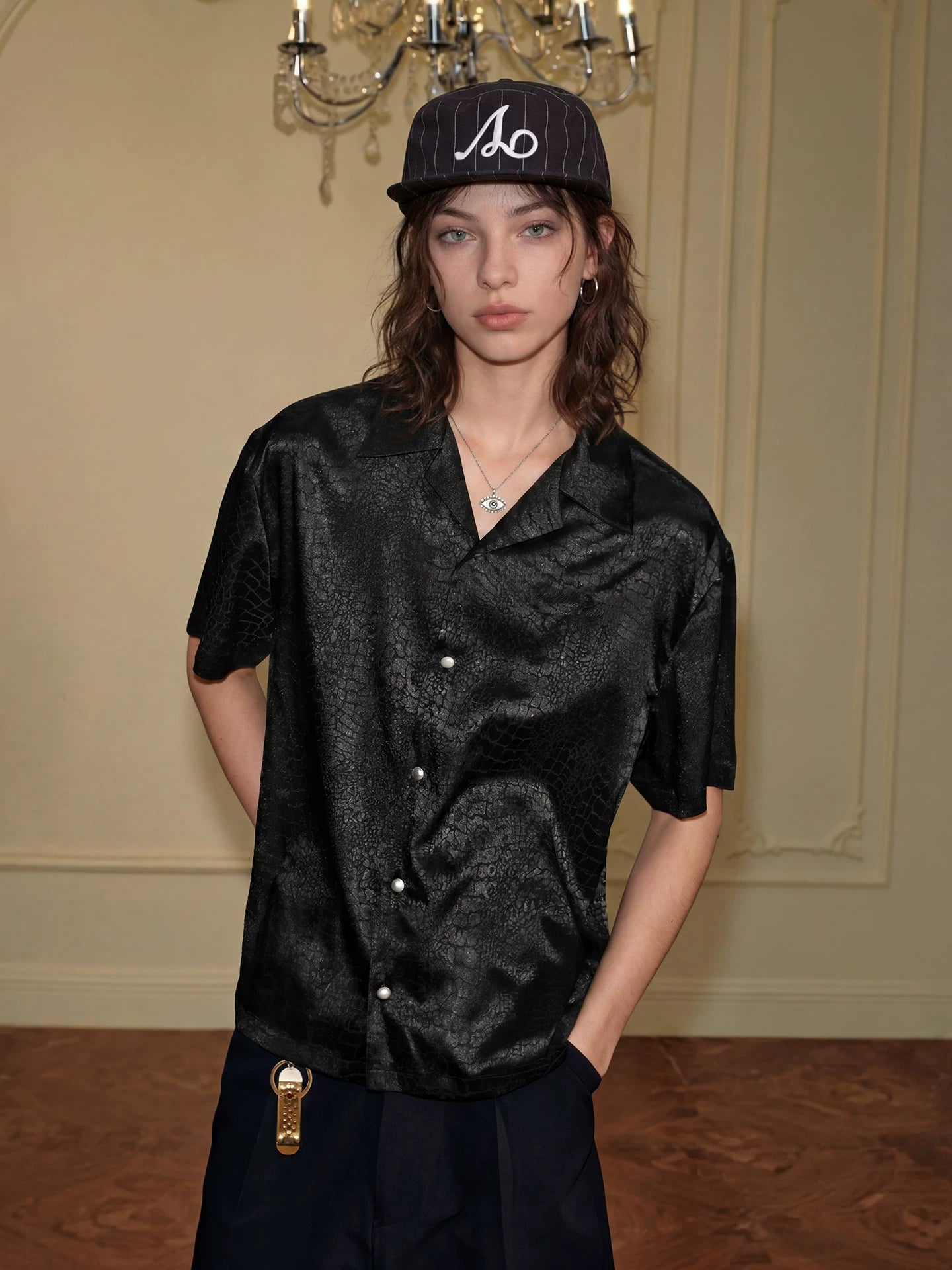 Black Crocodile Jacquard Satin Short Sleeve Shirt