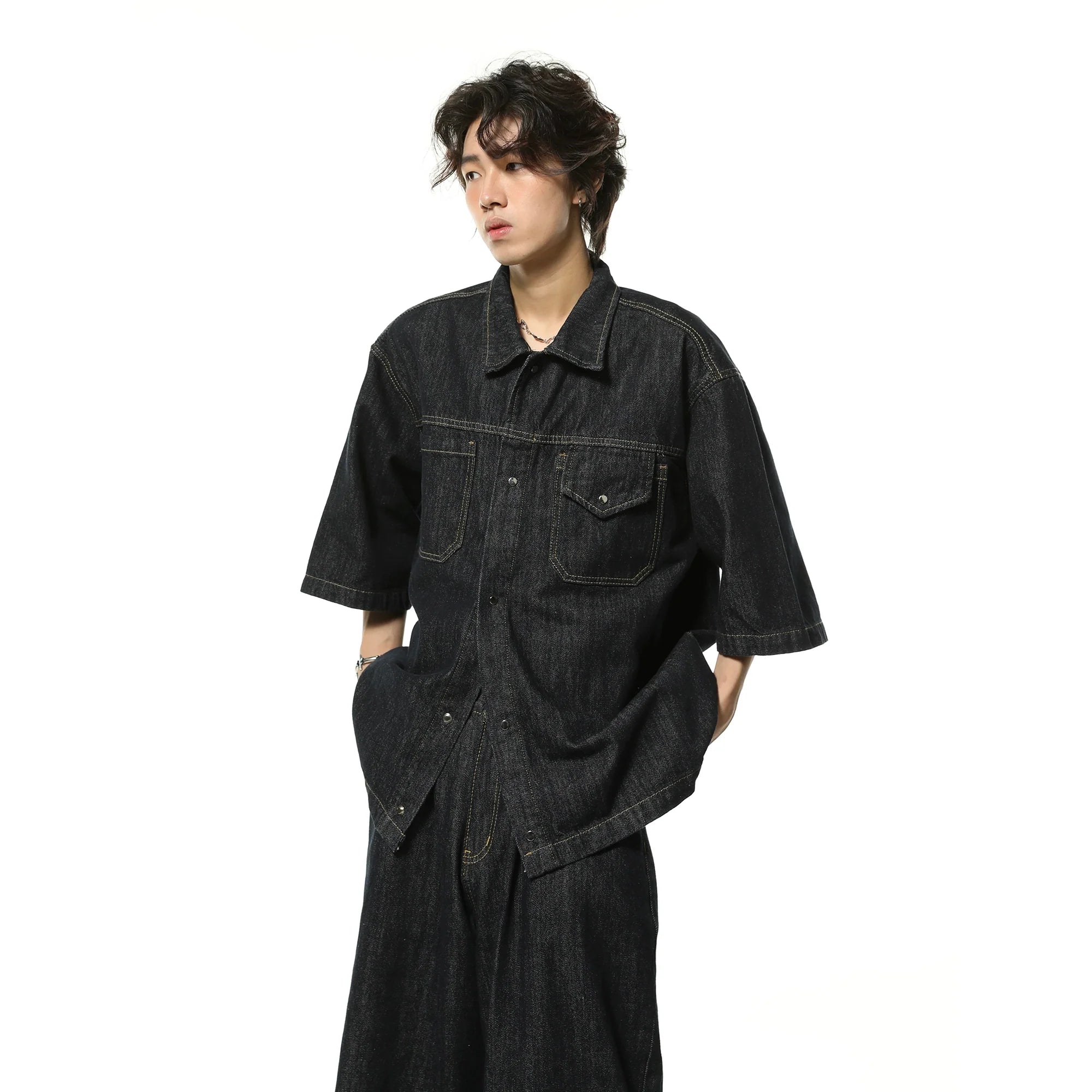 Washed Oversize Short Sleeve Denim Shirt & Half Denim Jeans Set